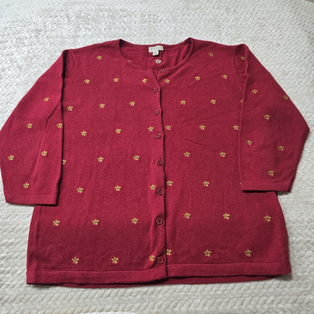 VTG Baxter & Wells Red Embroidered Fall Leaves Cardigan Women’s Size Large